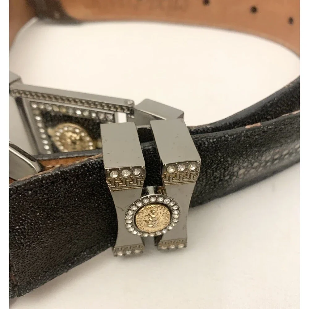 River Belts Snake Skin Belt 32 Black Leather Metal Accents Western Embossed